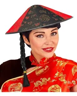 Satin Chinesen Hut -Attrappen Verkäufe 2023 chinesen hut mit zopf chinesen kostuem zubehoer aisatischer hut mit zopf 22909 03