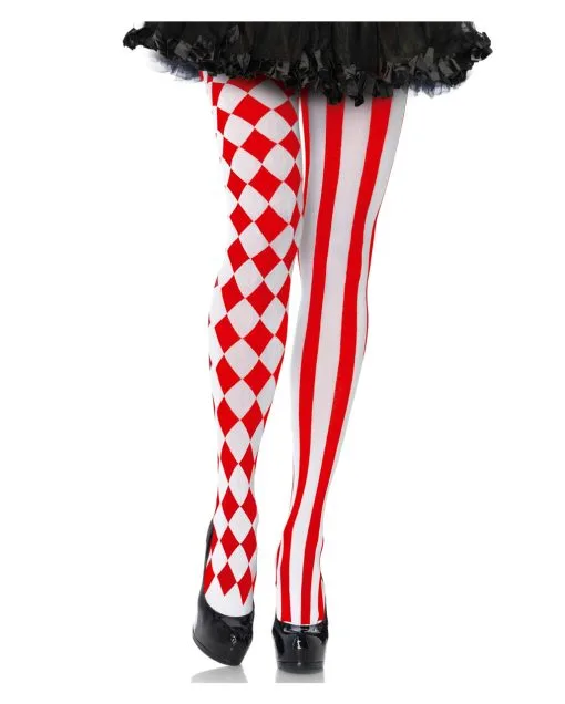 Harlekin Damenstrumpfhose Rot-weiß -Attrappen Verkäufe 2023 harlekin strumpfhose rot weiss harley quinn struempfe fuer halloween harlequin feinstrumpfhose kostuem zubeheor 29136